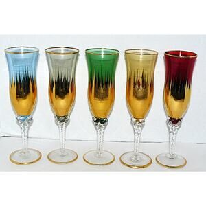 Murano Style 5 Multicolor Hand-Painted Gold Overlay Twisted Stem Flutes MCM Vtg
